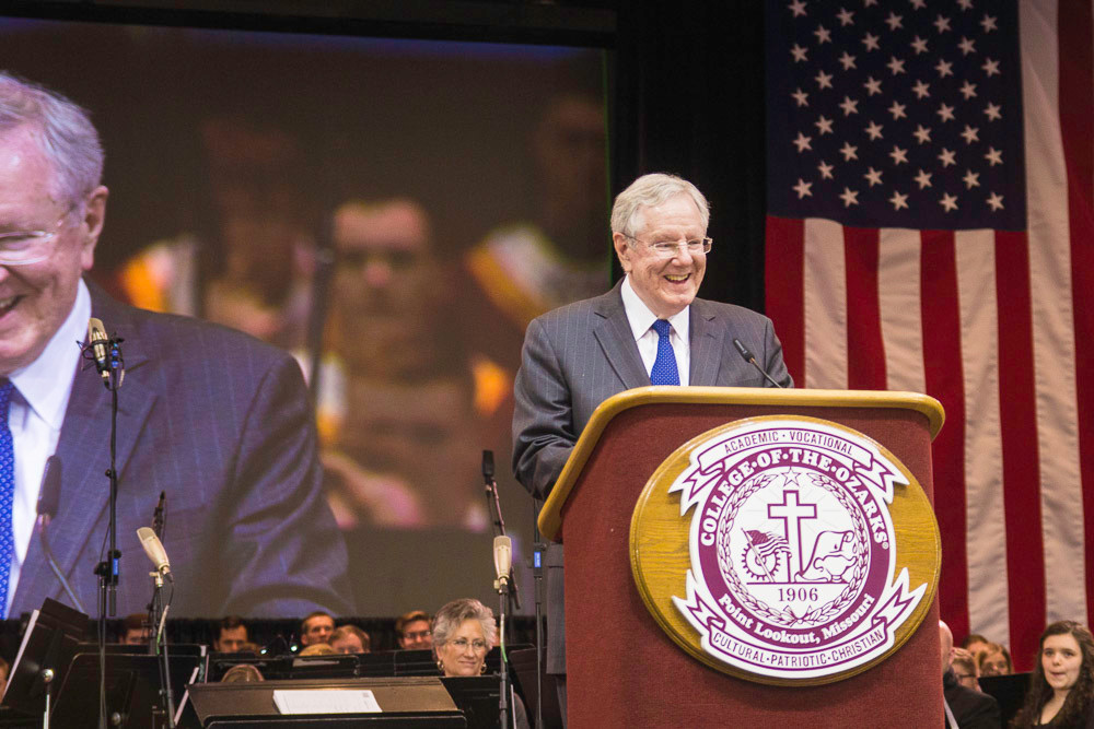 Forbes Media Chairman Steve Forbes addresses students and invited guests in the Howell W. Keeter Athletic Complex. As part of College of the Ozarks’ spring 2018 Spring Free Enterprise Forum Convocation, Forbes spoke on how capitalism affects the U.S. economy, health care and taxes.